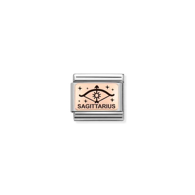 Nomination Classic Link charm with Sagittarius zodiac symbol in black enamel on bonded rose-gold plate and stainless steel, for a Nomination Bracelet