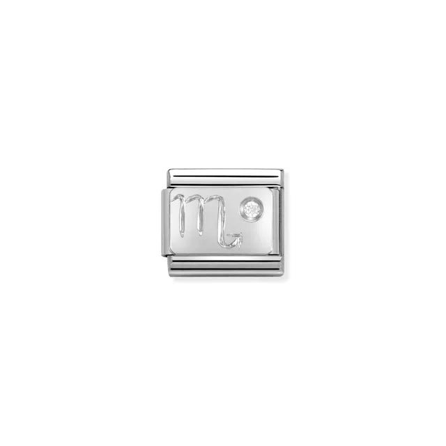 Close-up of Nomination Classic Link Scorpio zodiac charm in stainless steel with a sterling-silver symbol and white cubic zirconia, for Composable Classic bracelets.