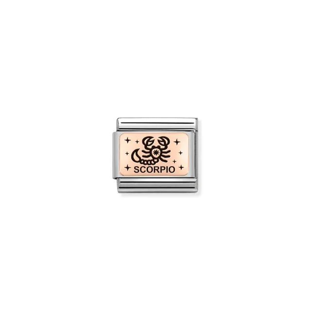 Scorpio zodiac Nomination Classic Link in bonded rose gold with black enamel, close-up
