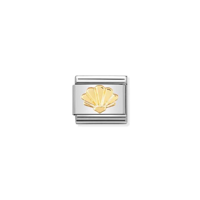 Nomination Composable Classic Link charm with yellow-gold seashell on stainless-steel base, close-up
