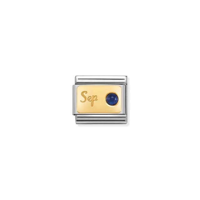 Nomination September sapphire birthstone Link, yellow-gold plaque on stainless steel, Classic size, close-up on white.