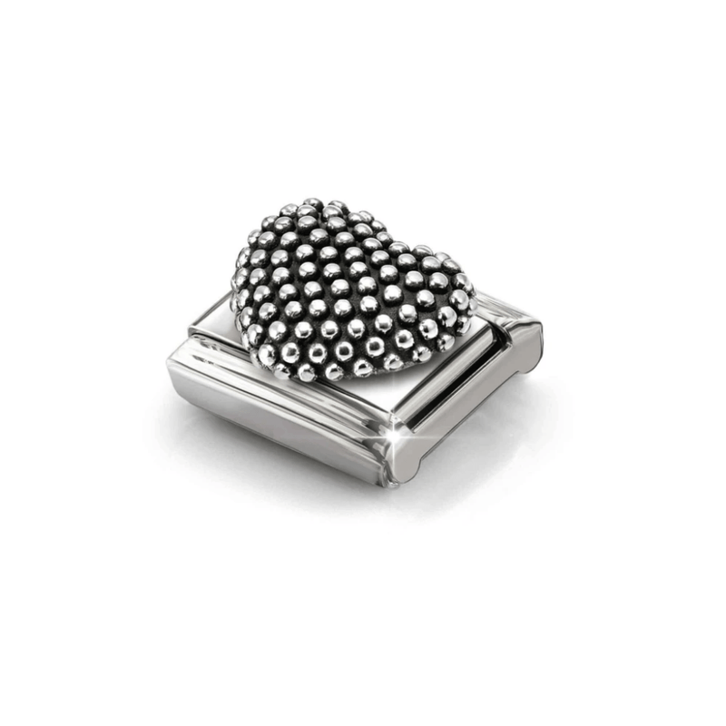 Angled close-up of Nomination Silver Ballpoint Heart Charm showing its raised silver beadwork and dark oxidised finish.