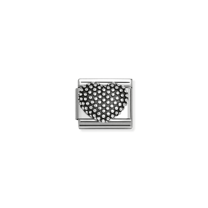 Nomination Silver Ballpoint Heart Classic Composable Link featuring a raised sterling silver heart covered in polished silver beads with oxidised detailing.