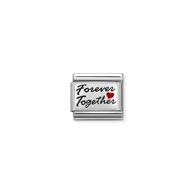 Nomination Composable Classic Forever Together Charm with black script lettering and red enamel heart on polished silver
