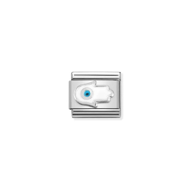 Nomination Silver Hamsa Hand Classic Link with white enamel and blue protective eye