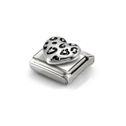 Angled close-up of Nomination Silver Leopard Heart Link showing its sculpted heart and contrasting black leopard-print enamel detail.