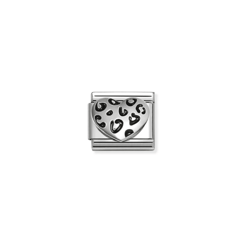 Nomination Leopard Print Heart Classic Composable Link featuring a raised sterling silver heart with glossy black enamel animal-print markings.