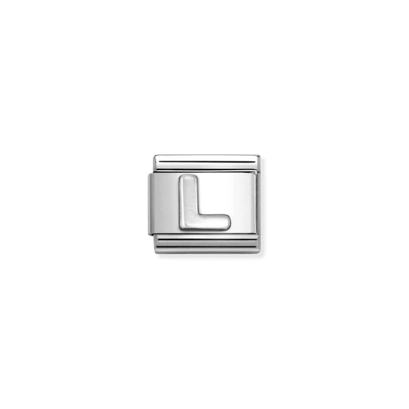 Nomination Letter L Classic Composable Link featuring a raised oxidised sterling silver initial on polished stainless steel.