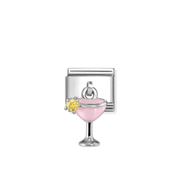 Nomination Composable Classic Silver Pink Cocktail Pendant Link with pink enamel glass and golden cubic zirconia