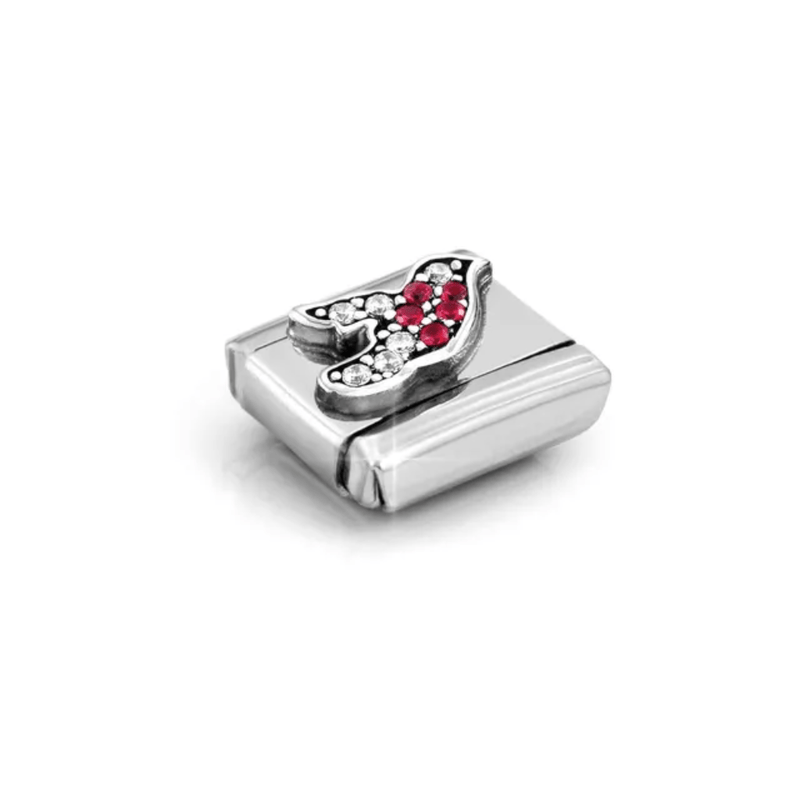 Angled view of Nomination robin charm with red and clear CZ stones