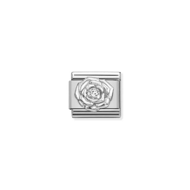 Nomination Silver Rose Classic Link charm in stainless steel and sterling silver with white cubic zirconia