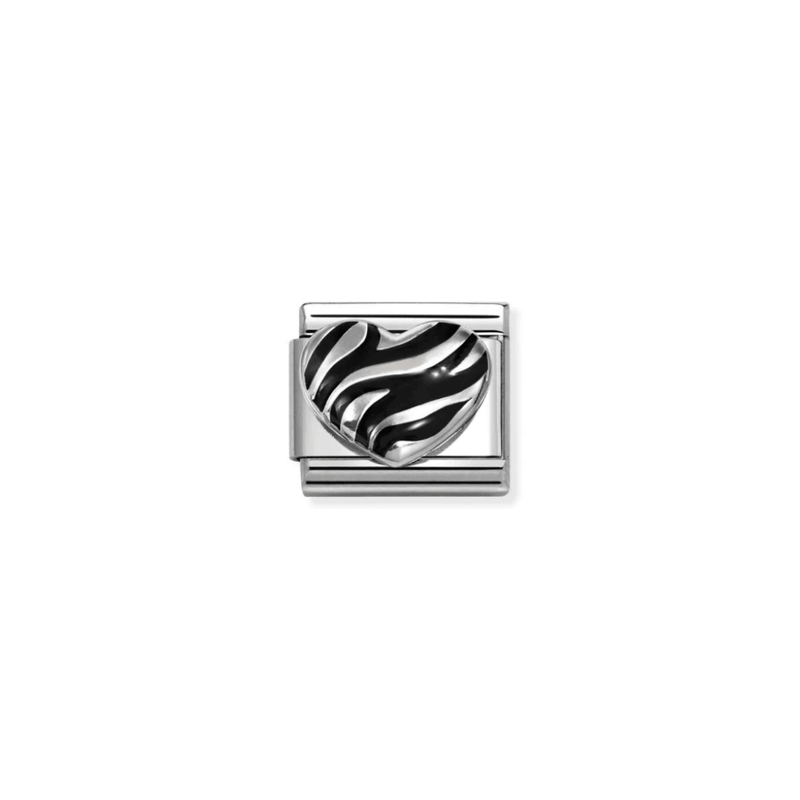 Nomination Tiger Print Heart Classic Composable Link featuring a raised sterling silver heart with bold black enamel tiger stripes.