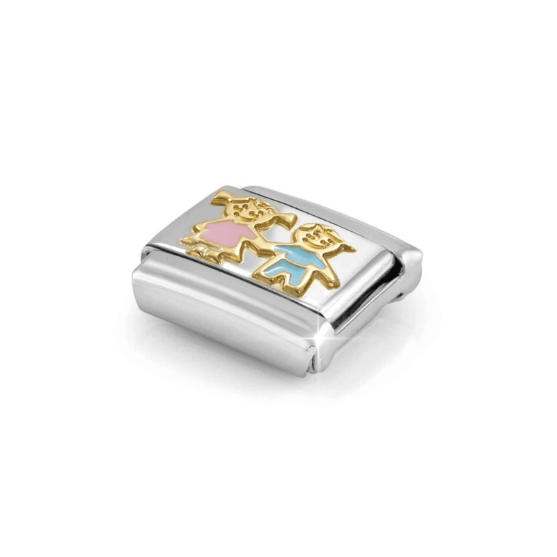 Angled view of Nomination Sister and Brother Composable Link with raised yellow-gold figures and colourful enamel outfits.