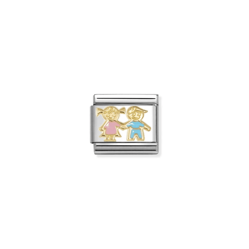 Nomination Sister and Brother Classic Composable Link featuring two children holding hands in 18k gold with pink and blue enamel.