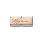 Sister script with flower Nomination Double Link in bonded rose gold, close-up