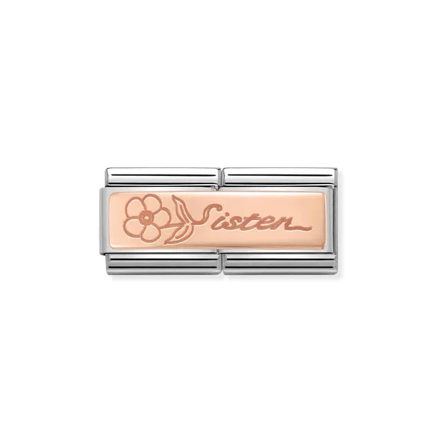 Sister script with flower Nomination Double Link in bonded rose gold, close-up