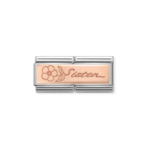 Sister script with flower Nomination Double Link in bonded rose gold, close-up