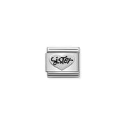 Nomination Classic link charm with Sister script on sterling silver heart, stainless steel