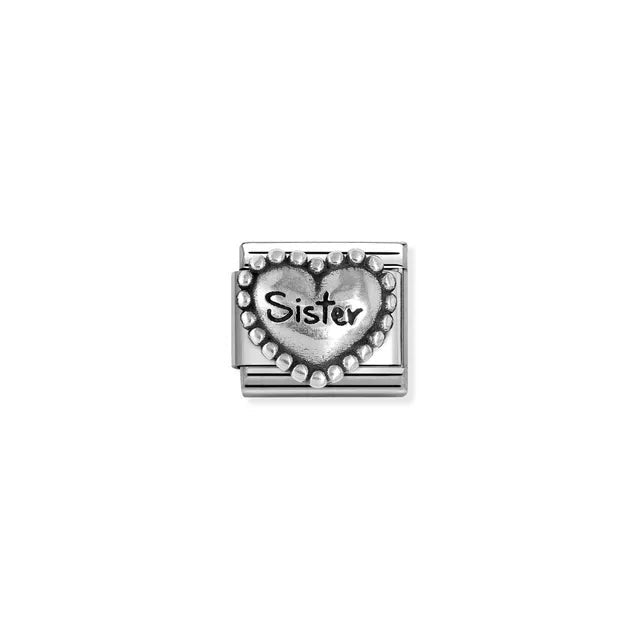 Nomination Classic link with beaded heart engraved Sister in oxidised silver on stainless steel