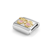 Angled view of Nomination Sisters Composable Link with raised yellow-gold figures and pink enamel dresses on stainless steel.