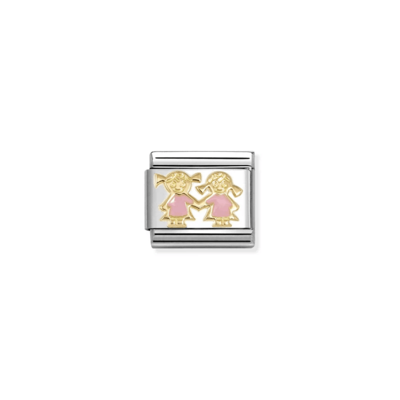 Nomination Sisters Classic Composable Link featuring two girls holding hands in 18k gold with pink enamel dresses.