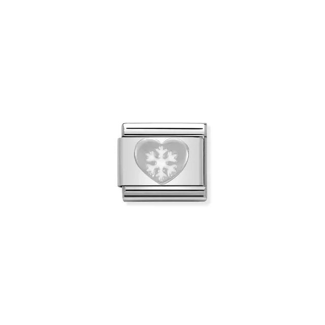 Nomination Classic Link charm with silver heart and white snowflake in enamel on stainless steel, for a Nomination Bracelet