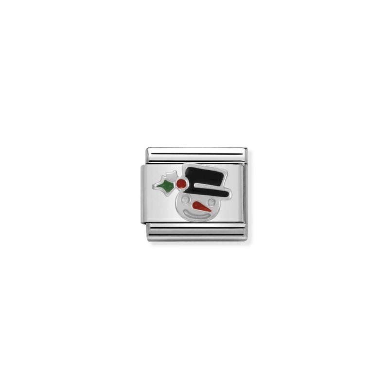 Nomination Snowman Face Classic Composable Link in sterling silver with black top hat, red carrot nose and green holly enamel details.