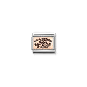 Soul Sisters Nomination Classic Link in bonded rose gold with black enamel two girls motif, close-up
