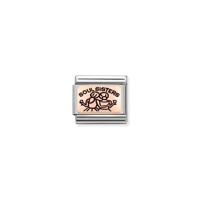 Soul Sisters Nomination Classic Link in bonded rose gold with black enamel two girls motif, close-up