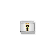 Nomination Classic Link charm with yellow-gold outlined pint of dark stout in black enamel on stainless steel