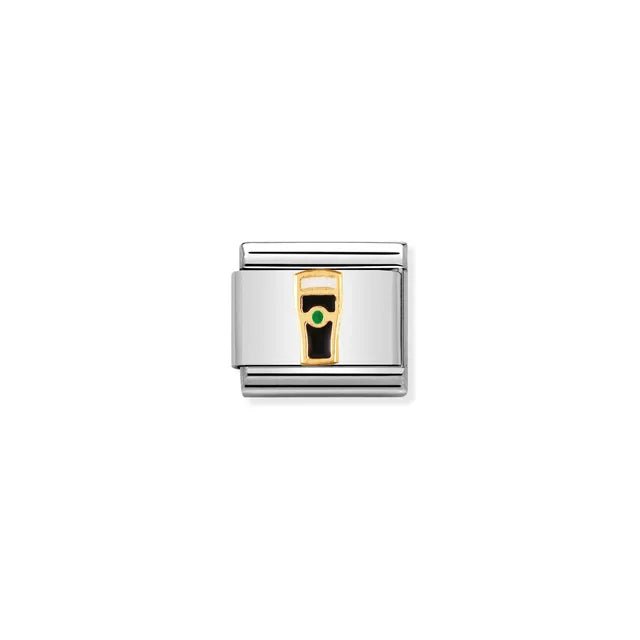 Nomination Classic Link charm with yellow-gold outlined pint of dark stout in black enamel on stainless steel