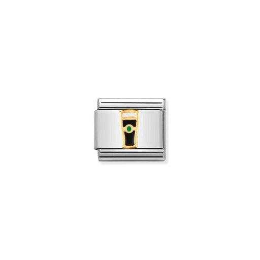 Nomination Classic Link charm with yellow-gold outlined pint of dark stout in black enamel on stainless steel