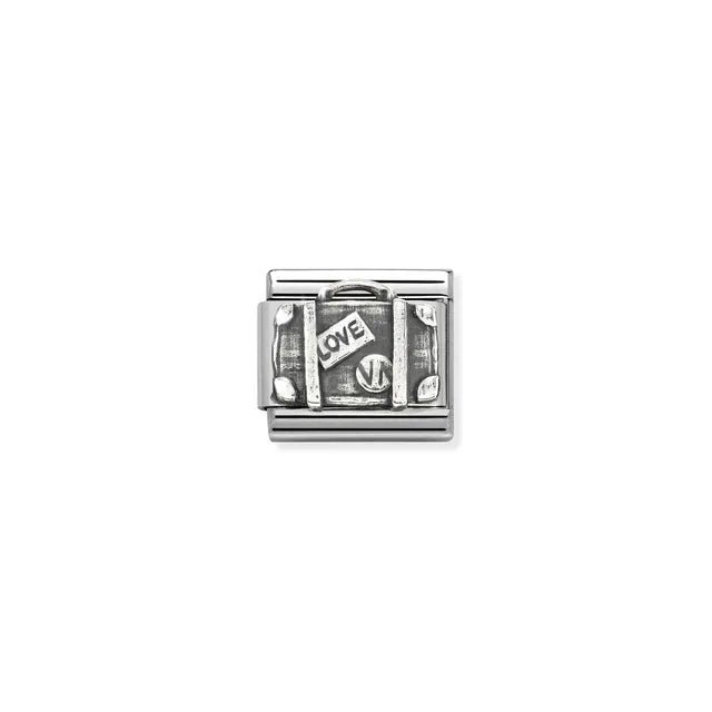 Nomination Classic link charm with vintage suitcase in oxidised sterling silver on stainless steel