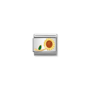 Nomination Classic Link charm featuring a yellow-gold outlined sunflower with green enamel leaf on stainless steel