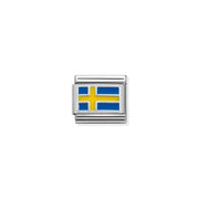 Close-up of Nomination Classic Link Swedish Flag charm in enamel and silver