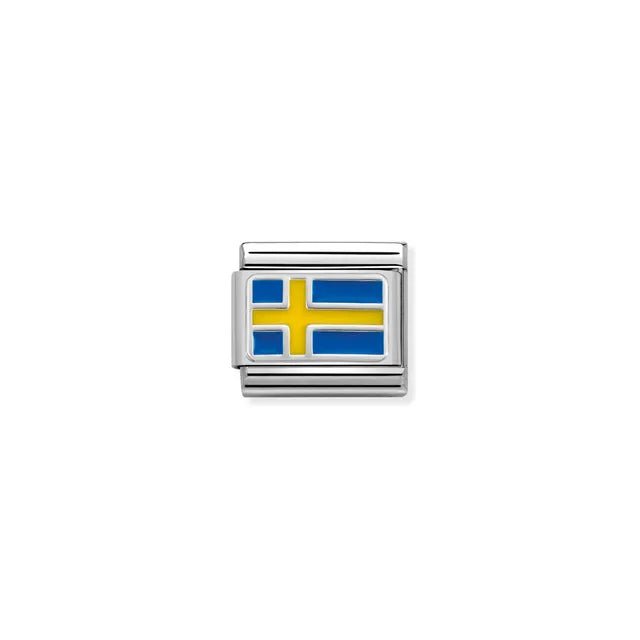Close-up of Nomination Classic Link Swedish Flag charm in enamel and silver