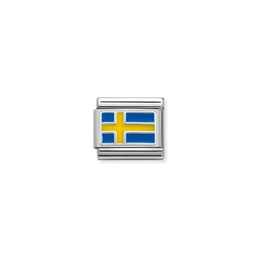 Close-up of Nomination Classic Link Swedish Flag charm in enamel and silver
