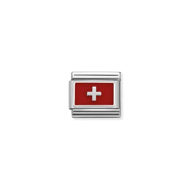 Close-up of Nomination Swiss Flag Classic Link charm in enamel and silver