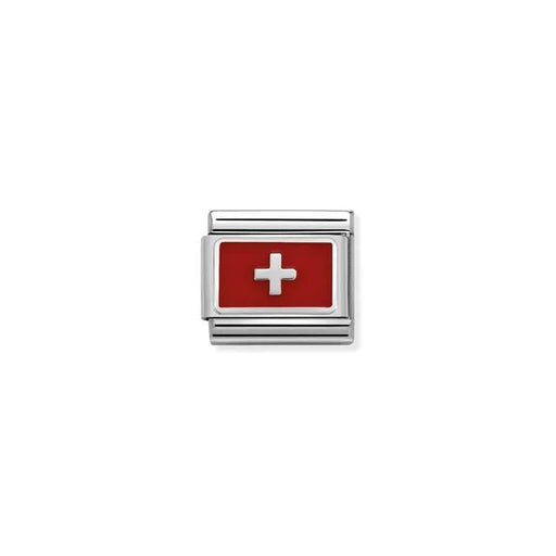 Close-up of Nomination Swiss Flag Classic Link charm in enamel and silver
