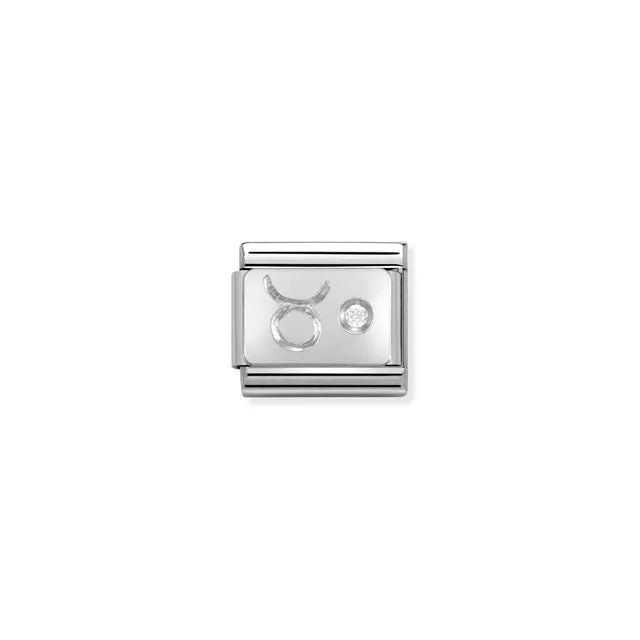 Close-up of Nomination Classic Link Taurus zodiac charm in stainless steel with a sterling-silver symbol and white cubic zirconia, for Composable Classic bracelets.