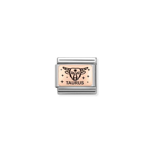Taurus zodiac Nomination Classic Link in bonded rose gold with black enamel, close-up