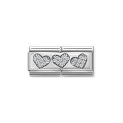 Nomination Three Hearts double Link with sterling silver hearts and white cubic zirconia on stainless steel, Classic size.