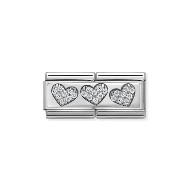 Nomination Three Hearts double Link with sterling silver hearts and white cubic zirconia on stainless steel, Classic size.
