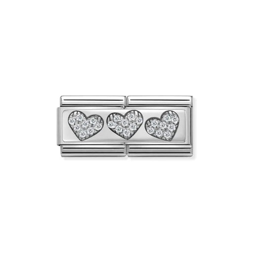 Nomination Three Hearts double Link with sterling silver hearts and white cubic zirconia on stainless steel, Classic size.