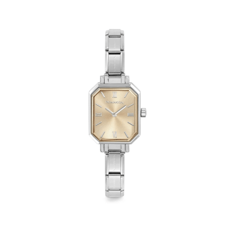 Nomination Time Paris Watch with rectangular gold sunray dial, Roman numerals and silver stainless steel Composable strap.