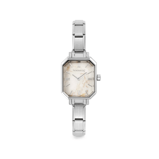Nomination Time Paris Watch with white marble-effect rectangular dial, silver Roman numerals and stainless steel Composable bracelet strap.