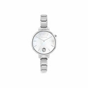 Nomination Time watch in stainless steel with white mother-of-pearl dial and CZ at 6 o’clock, round case, front view.