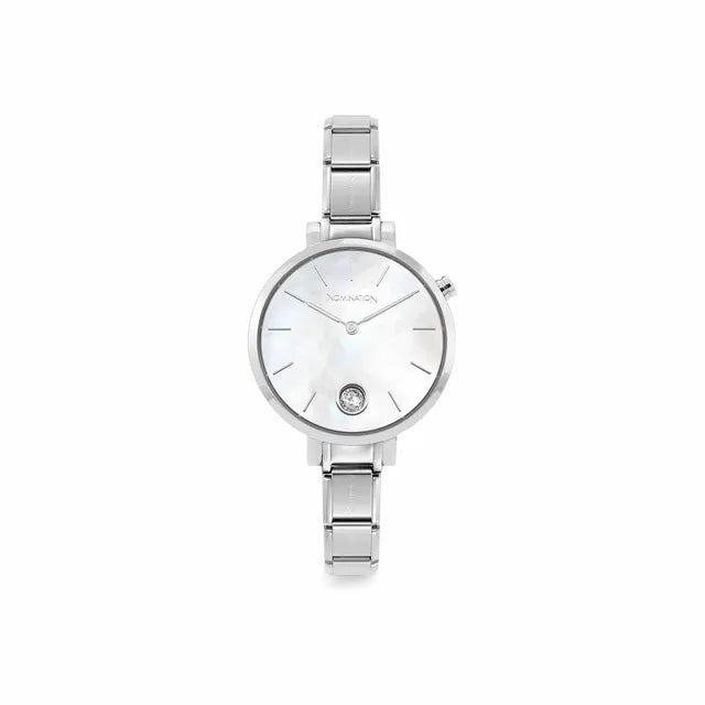 Nomination Time watch in stainless steel with white mother-of-pearl dial and CZ at 6 o’clock, round case, front view.