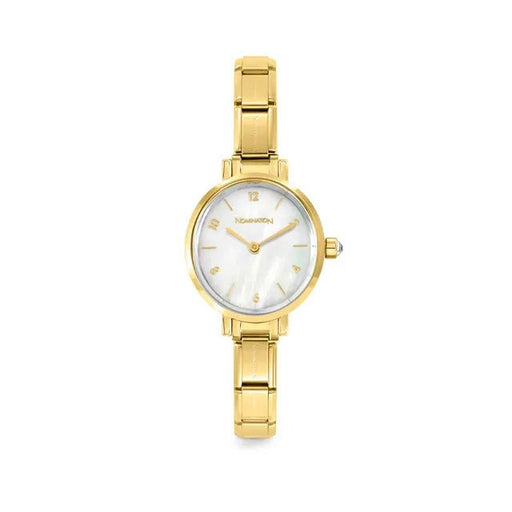 Round Nomination Time watch in yellow gold PVD with white mother-of-pearl dial and CZ crown on Composable strap, front view.