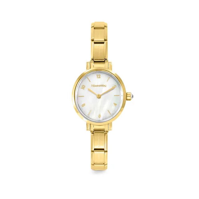 Round Nomination Time watch in yellow gold PVD with white mother-of-pearl dial and CZ crown on Composable strap, front view.